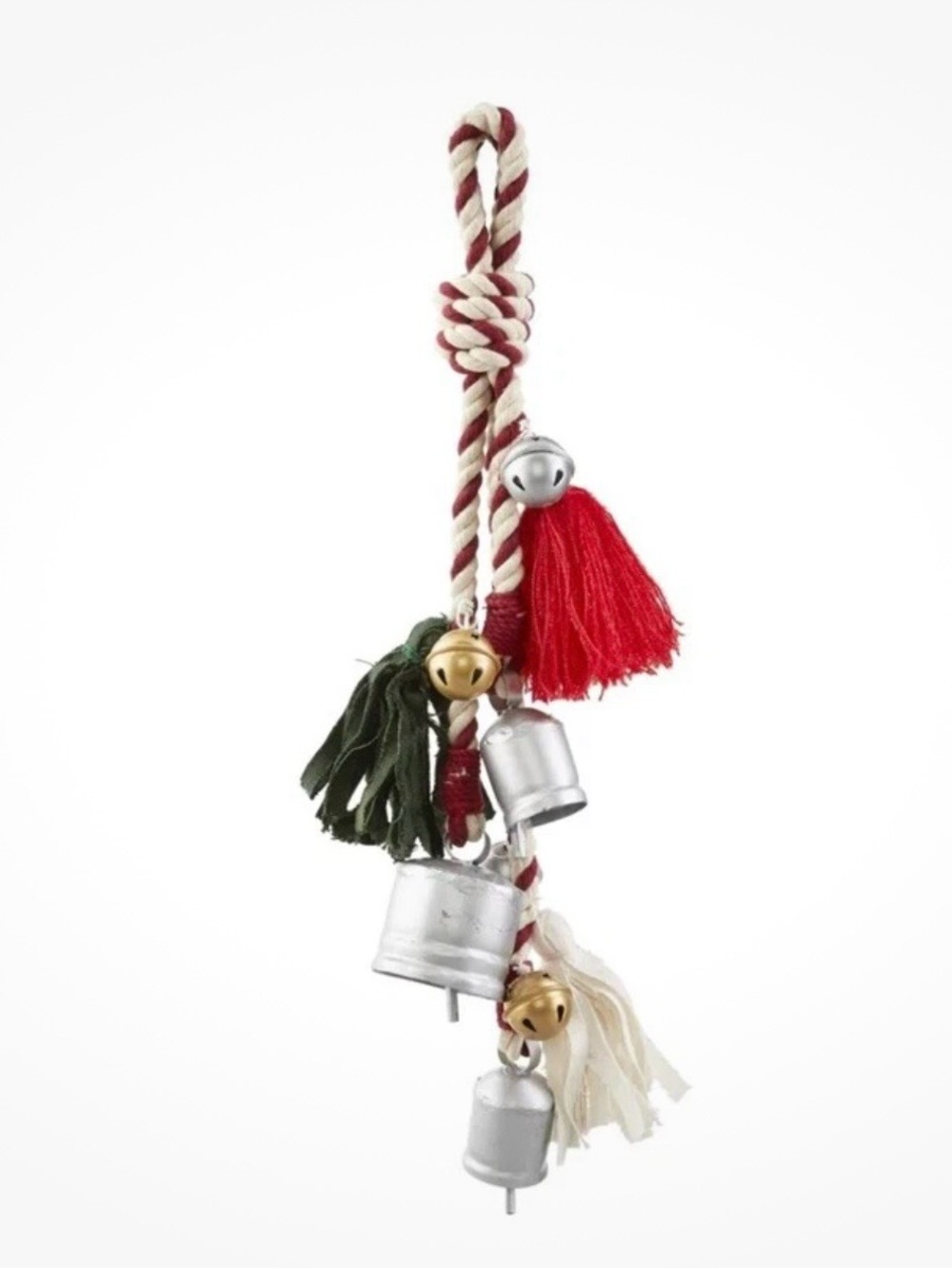 NWT Mud Pie Silver Christmas Bells With Large Tassels And Rope Red, White Green